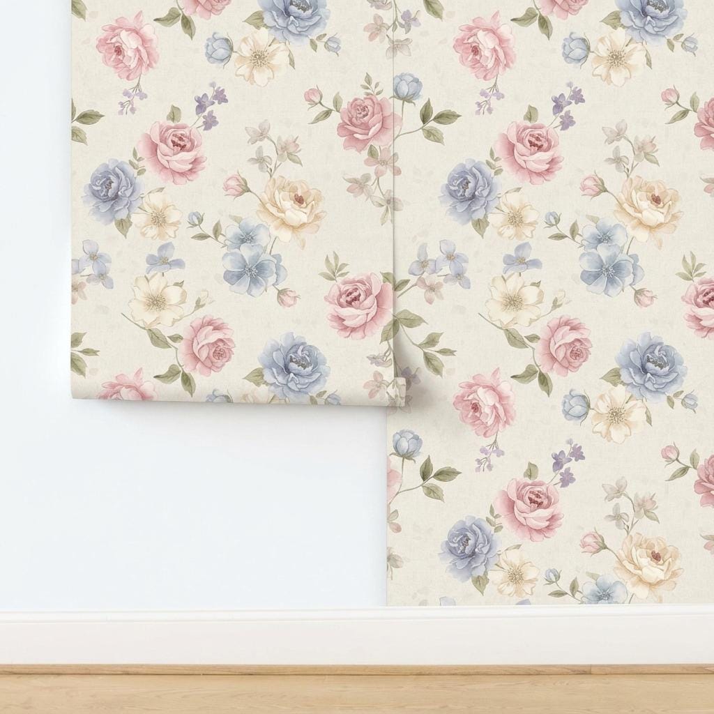 Watercolor Floral Wallpaper, Pink Blue Rose Mural-WP0248