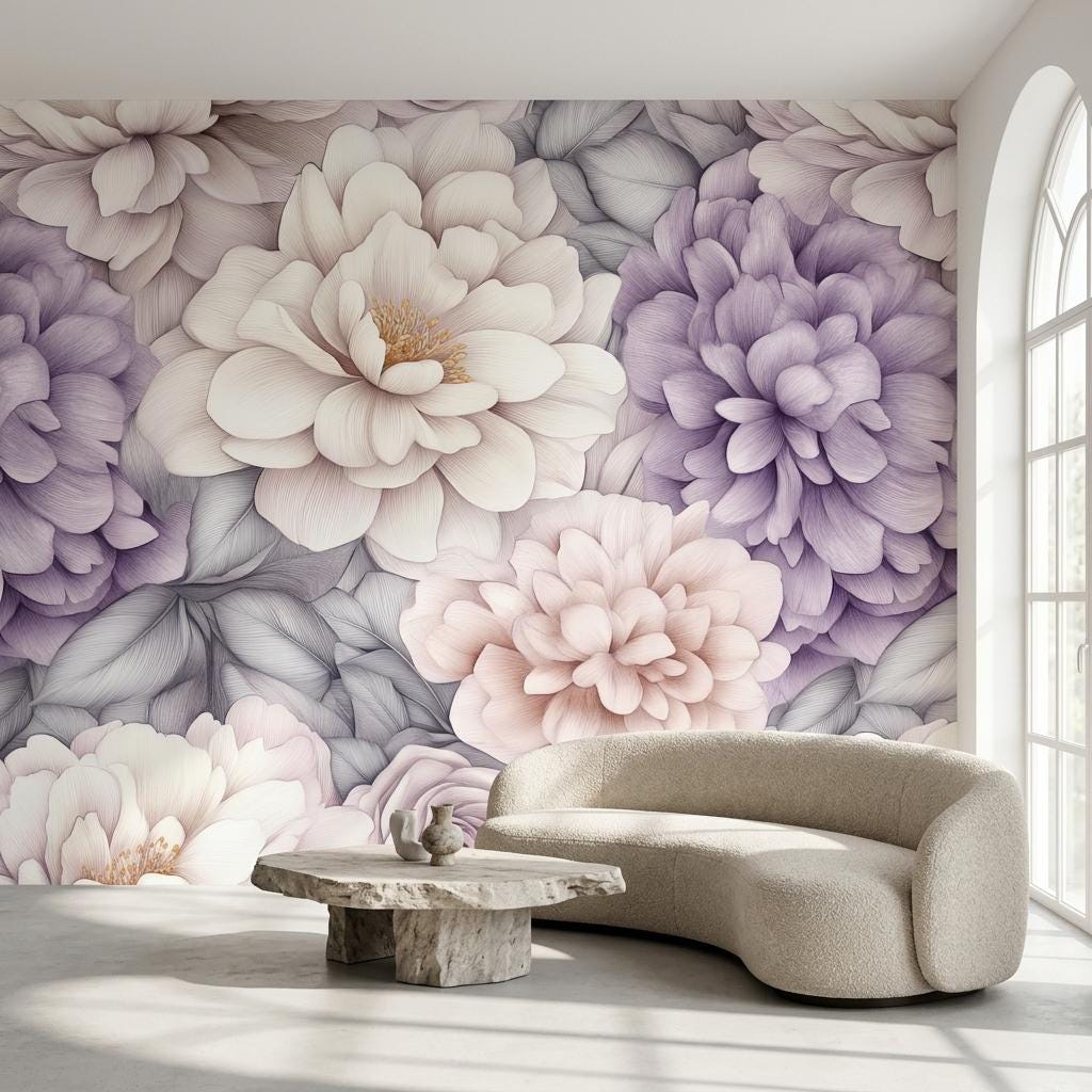 Oversized Peony Wall Mural, Lavender Botanical-WP0249