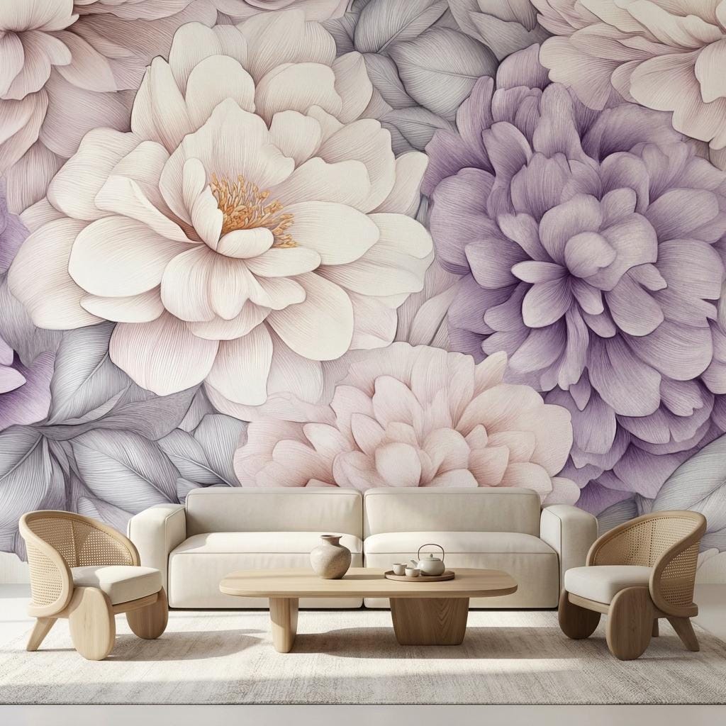 Oversized Peony Wall Mural, Lavender Botanical-WP0249