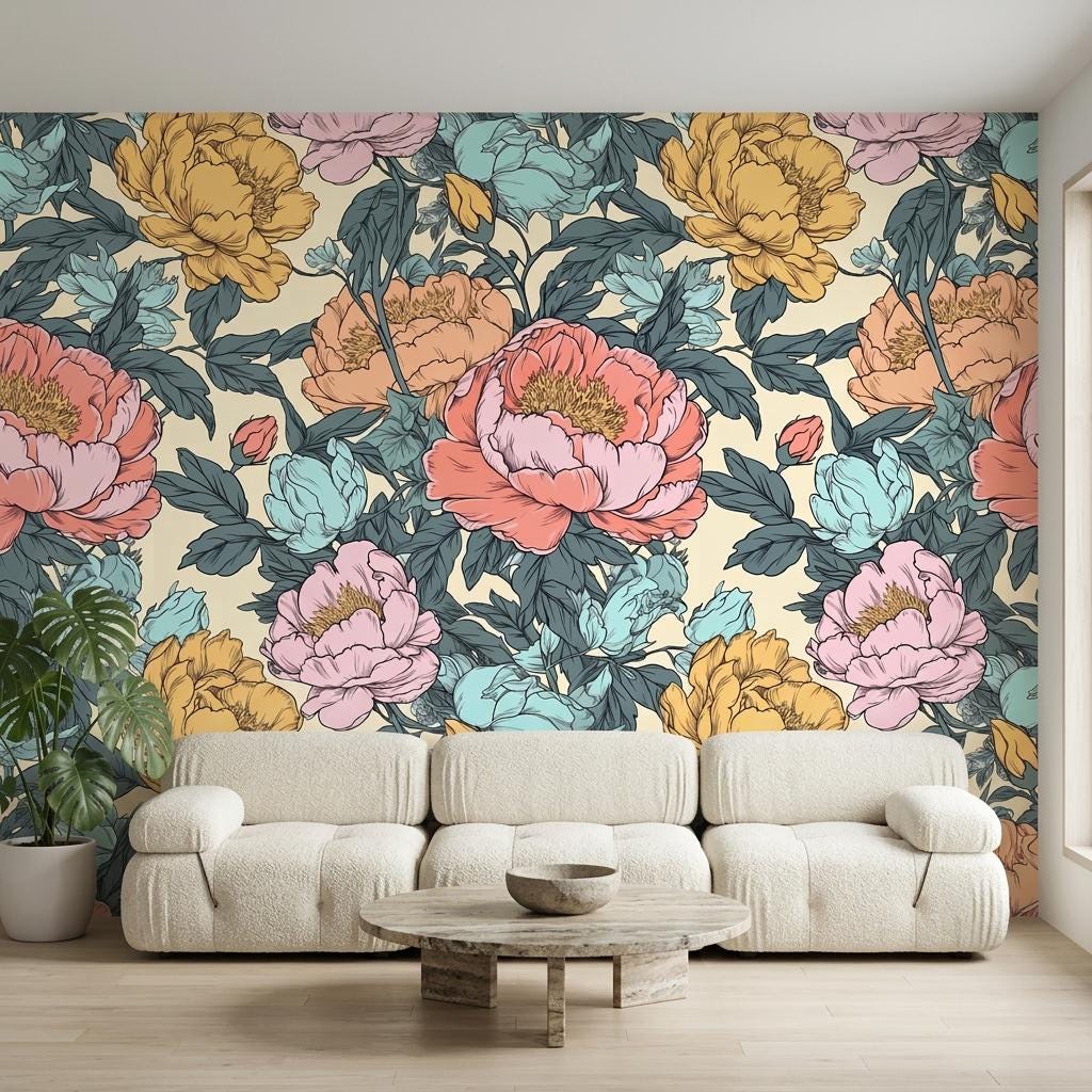 Vintage Peony Wallpaper Mural, Coral Teal Botanical-WP0251