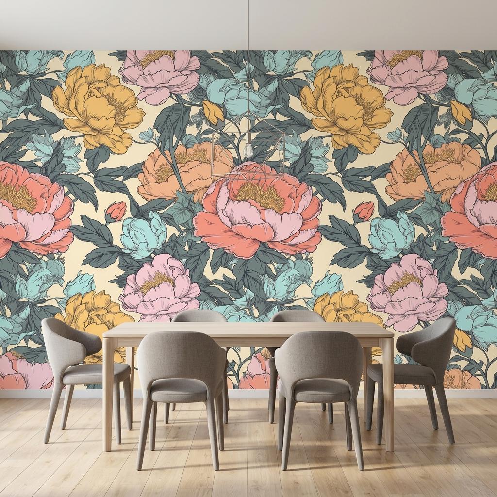 Vintage Peony Wallpaper Mural, Coral Teal Botanical-WP0251