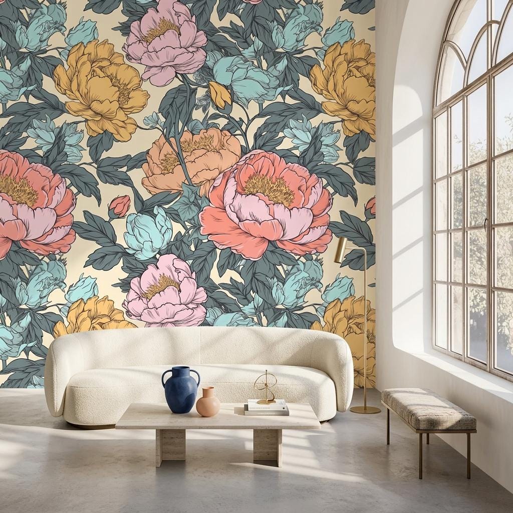 Vintage Peony Wallpaper Mural, Coral Teal Botanical-WP0251