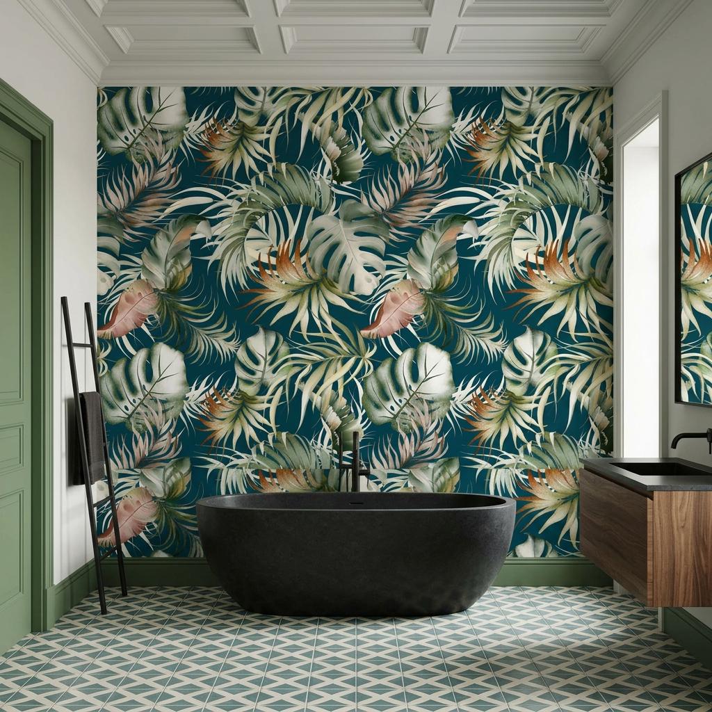 Tropical Watercolor Leaves Wallpaper, Dark Teal Jungle Mural-WP0252