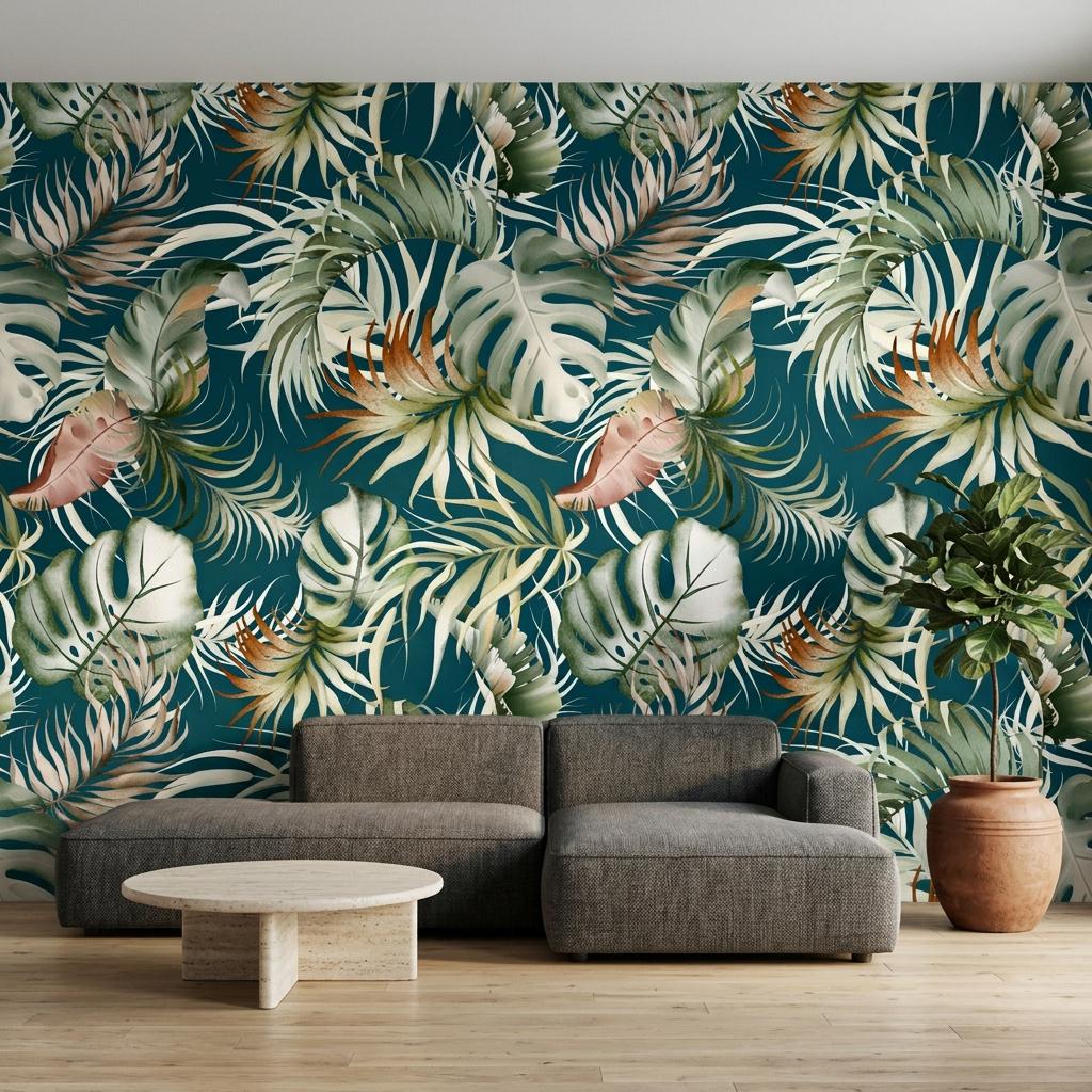 Tropical Watercolor Leaves Wallpaper, Dark Teal Jungle Mural-WP0252