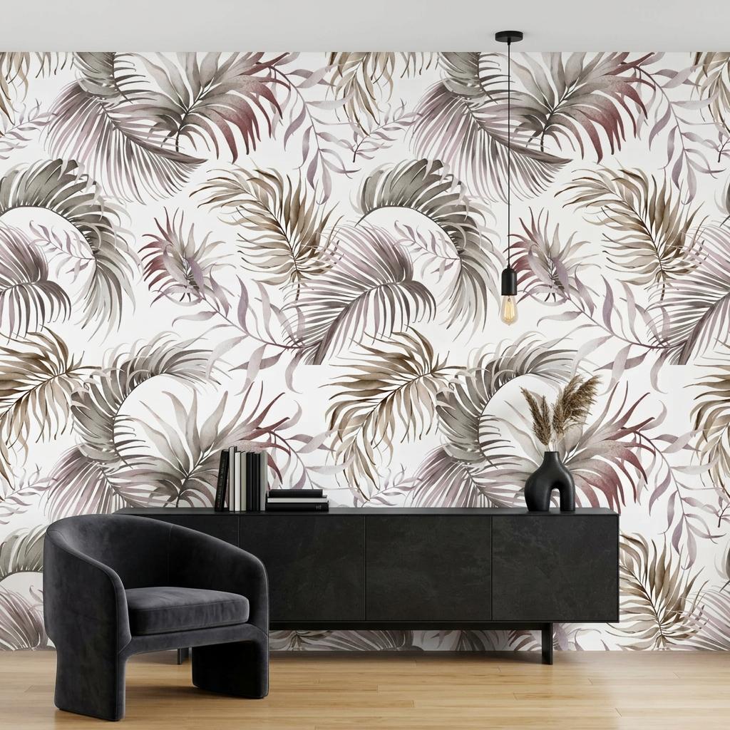 Palm Leaf Wallpaper, Neutral Boho Watercolor Mural-WP0253