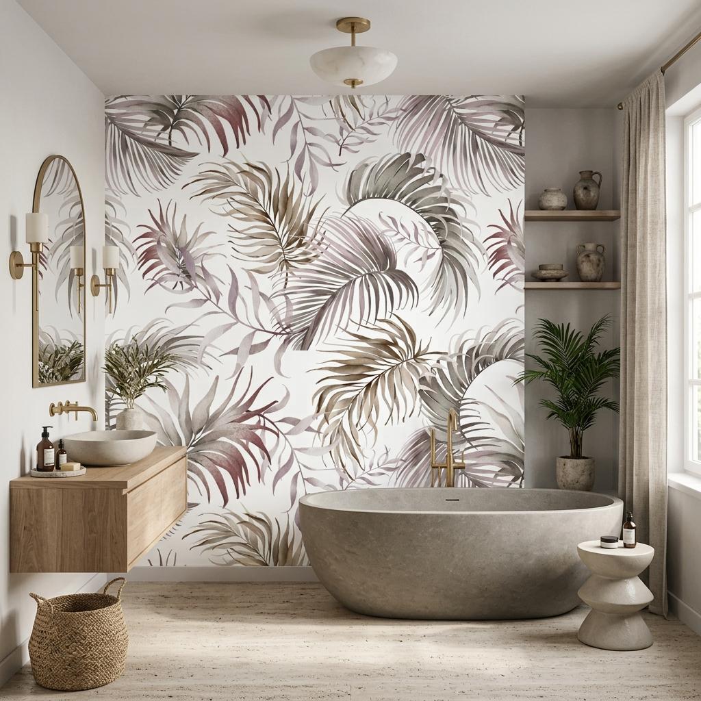 Palm Leaf Wallpaper, Neutral Boho Watercolor Mural-WP0253