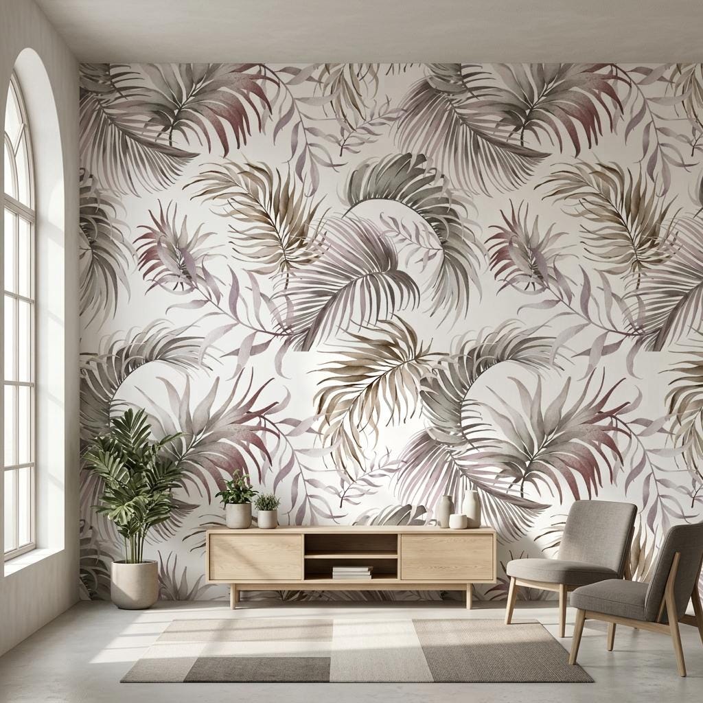 Palm Leaf Wallpaper, Neutral Boho Watercolor Mural-WP0253