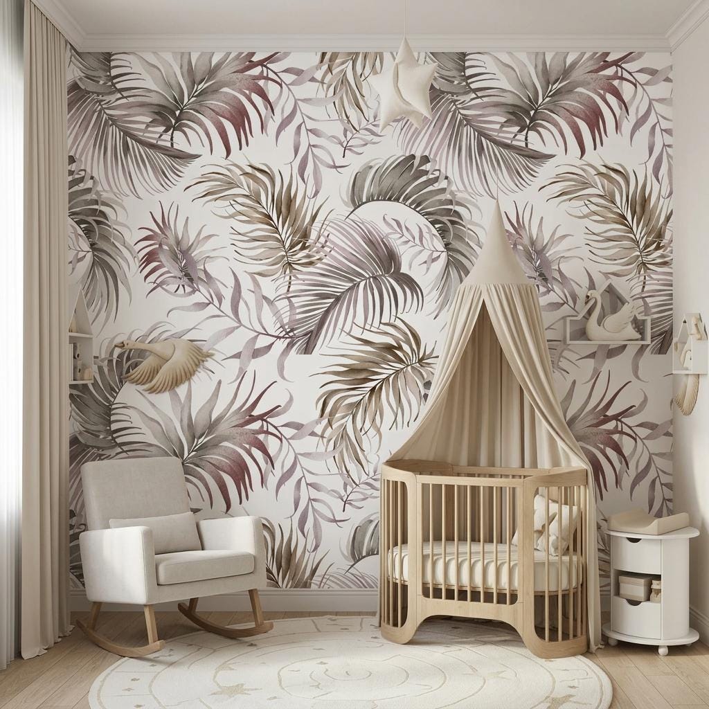 Palm Leaf Wallpaper, Neutral Boho Watercolor Mural-WP0253