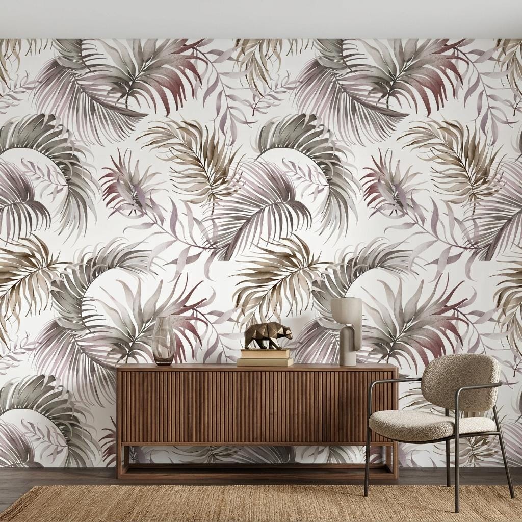 Palm Leaf Wallpaper, Neutral Boho Watercolor Mural-WP0253