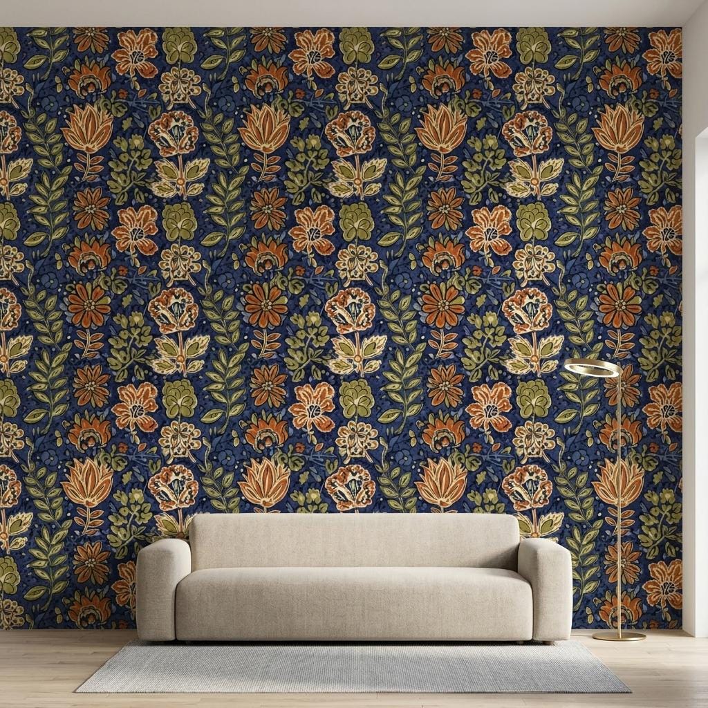 Navy Floral Wallpaper Mural, William Morris Jacobean-WP0254