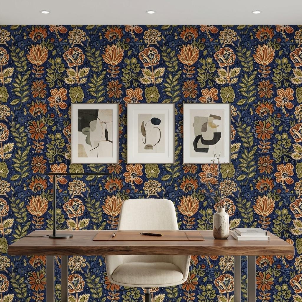 Navy Floral Wallpaper Mural, William Morris Jacobean-WP0254