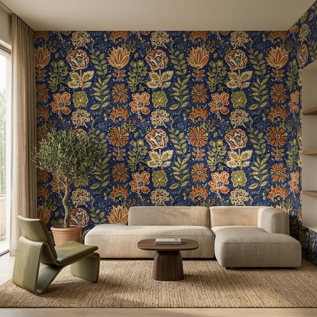 Navy Floral Wallpaper Mural, William Morris Jacobean-WP0254