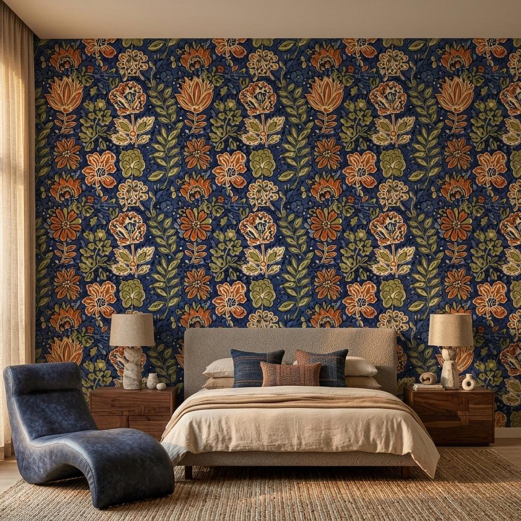 Navy Floral Wallpaper Mural, William Morris Jacobean-WP0254
