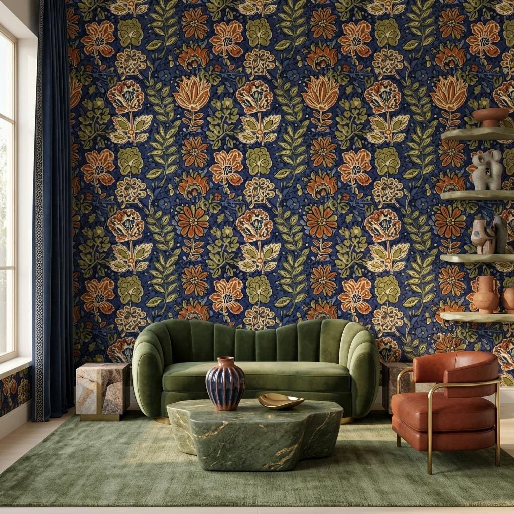 Navy Floral Wallpaper Mural, William Morris Jacobean-WP0254