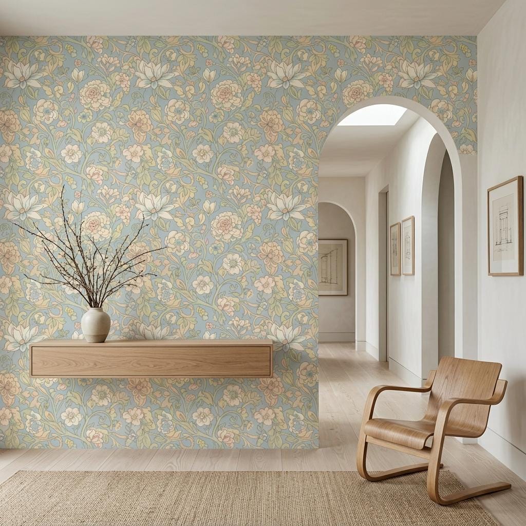 Light Blue Floral Wallpaper, William Morris Cottage Mural-WP0255