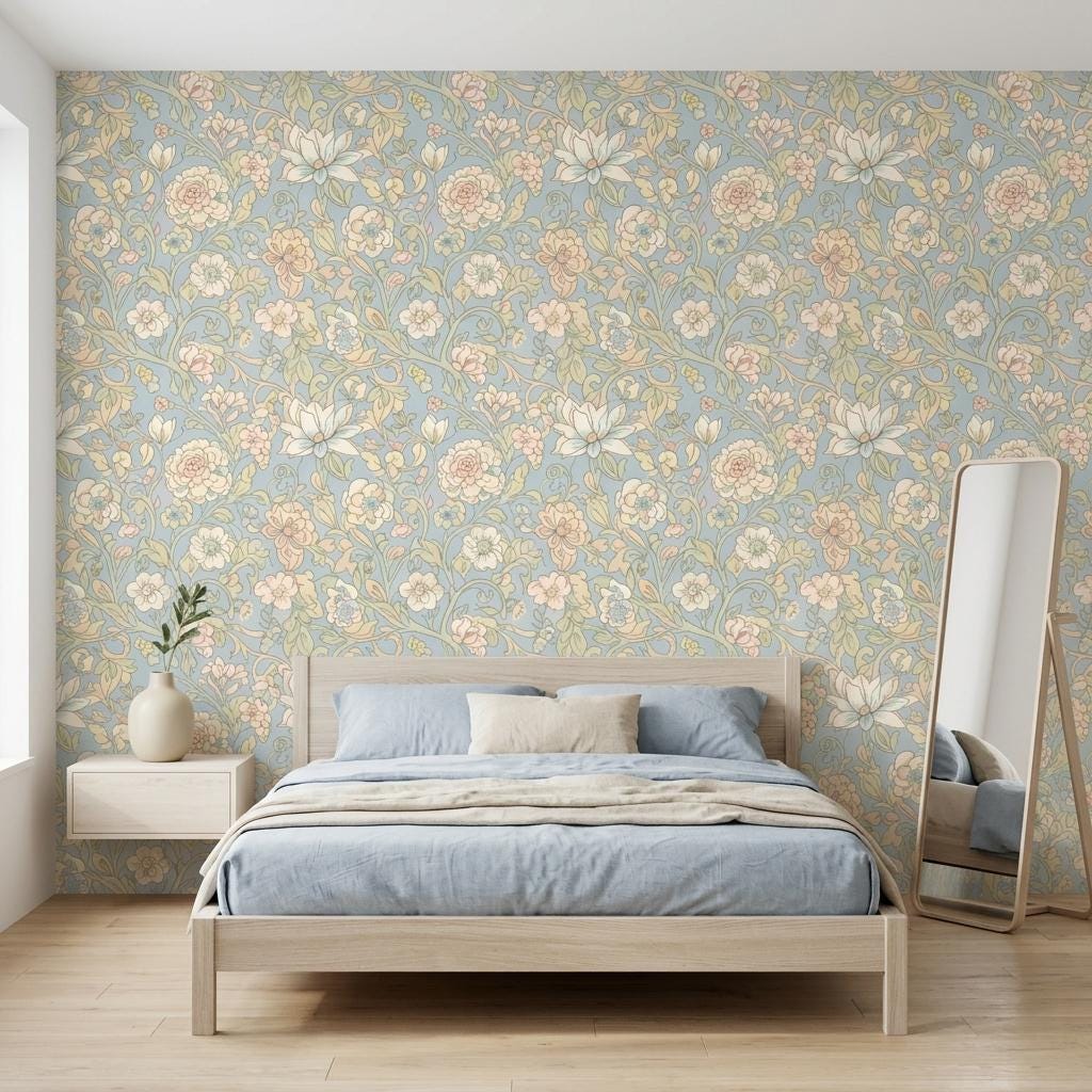 Light Blue Floral Wallpaper, William Morris Cottage Mural-WP0255