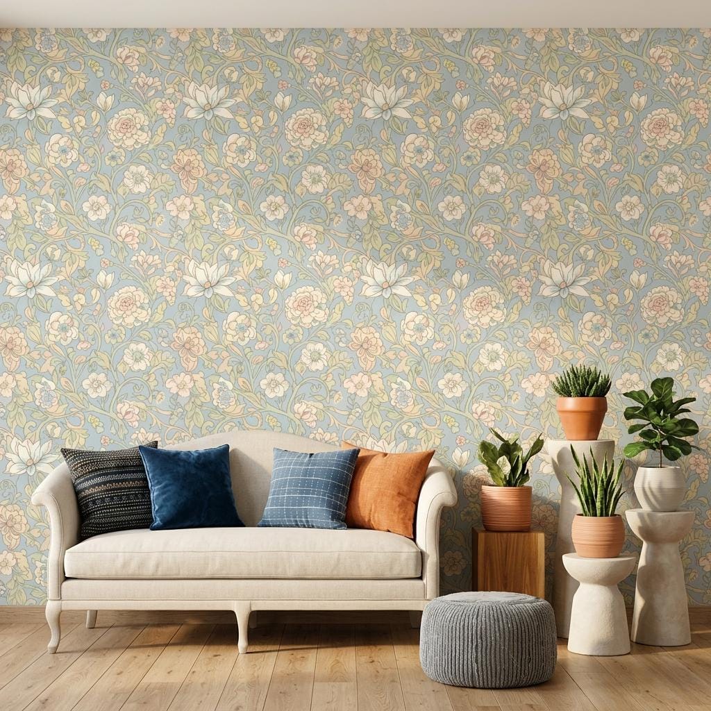 Light Blue Floral Wallpaper, William Morris Cottage Mural-WP0255