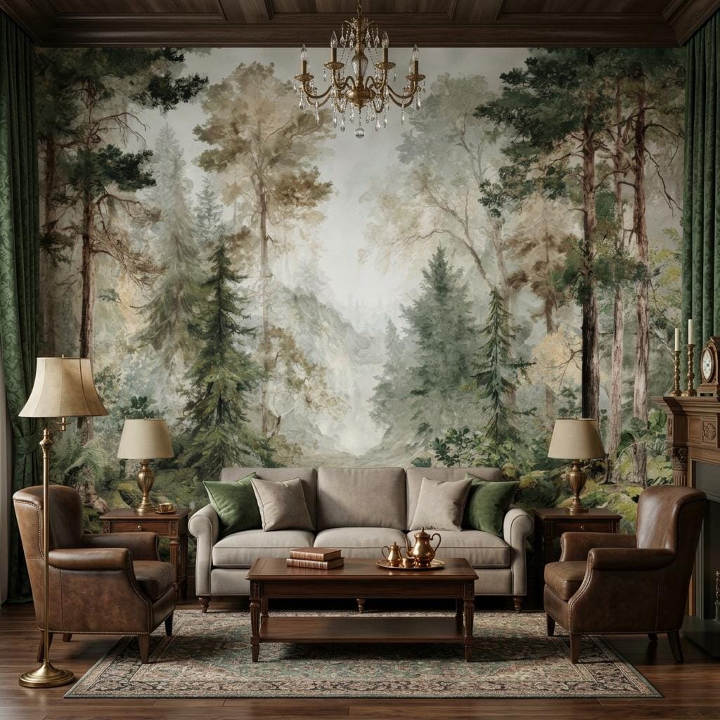 Forest Wallpaper, Watercolor Pine Tree Mural-WP0256