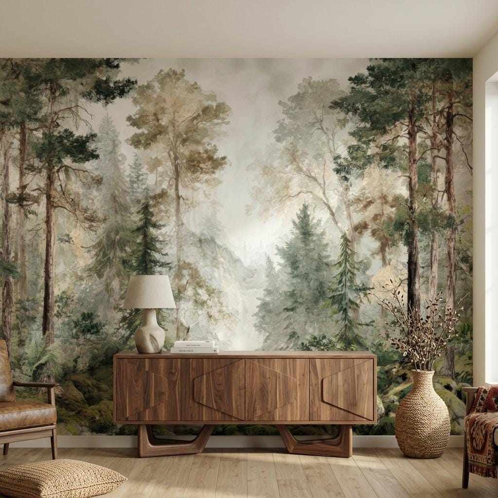 Forest Wallpaper, Watercolor Pine Tree Mural-WP0256