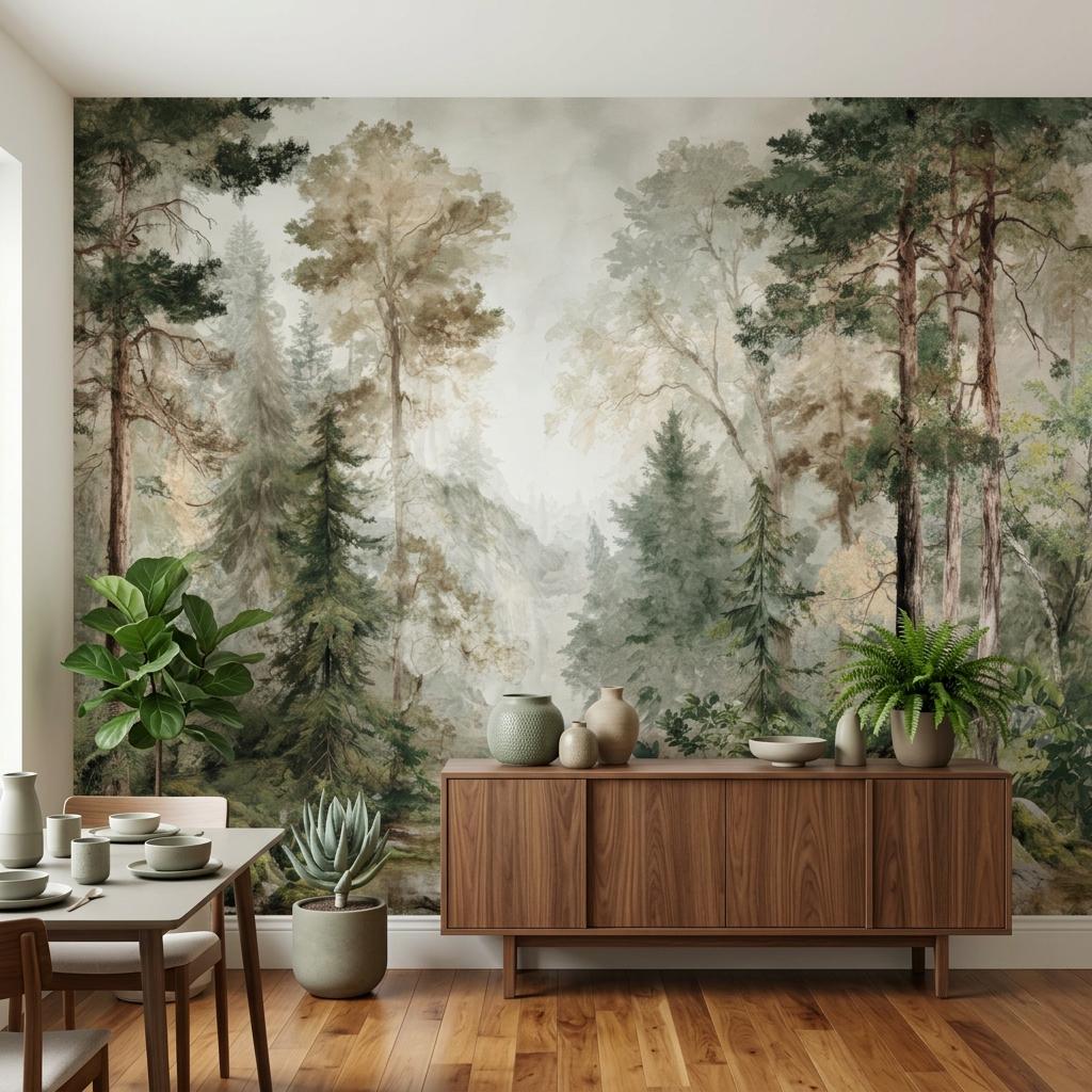 Forest Wallpaper, Watercolor Pine Tree Mural-WP0256