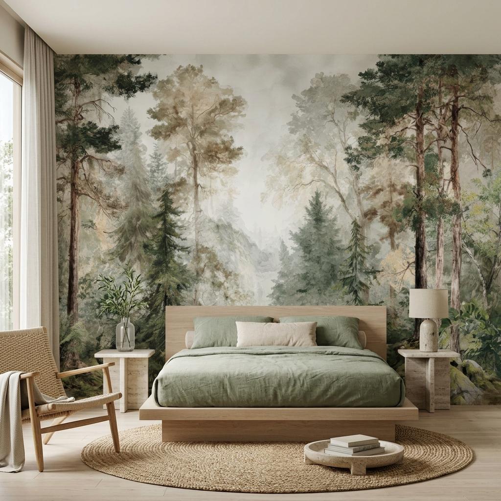 Forest Wallpaper, Watercolor Pine Tree Mural-WP0256