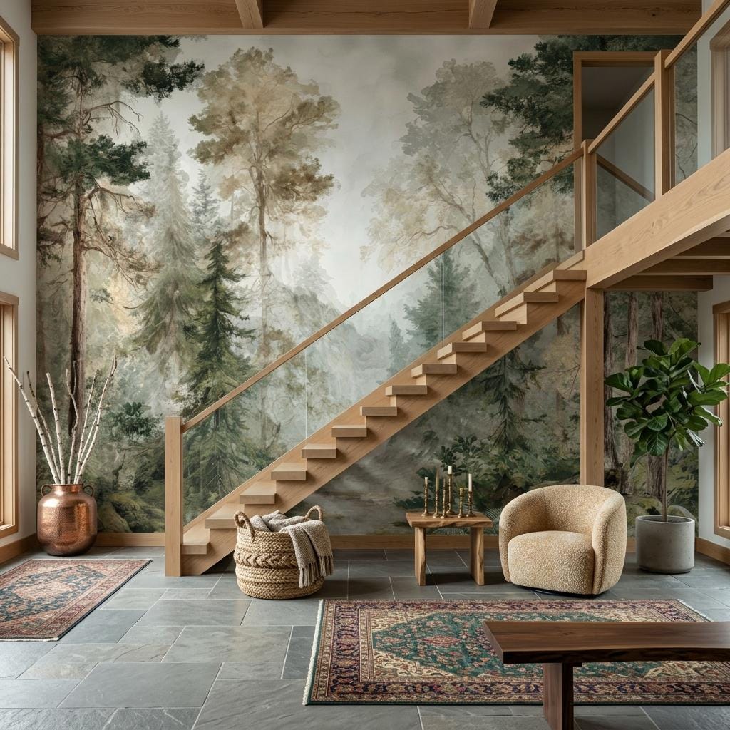 Forest Wallpaper, Watercolor Pine Tree Mural-WP0256