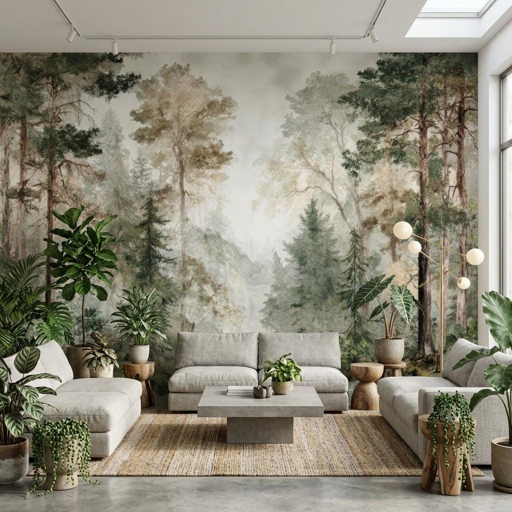 Forest Wallpaper, Watercolor Pine Tree Mural-WP0256