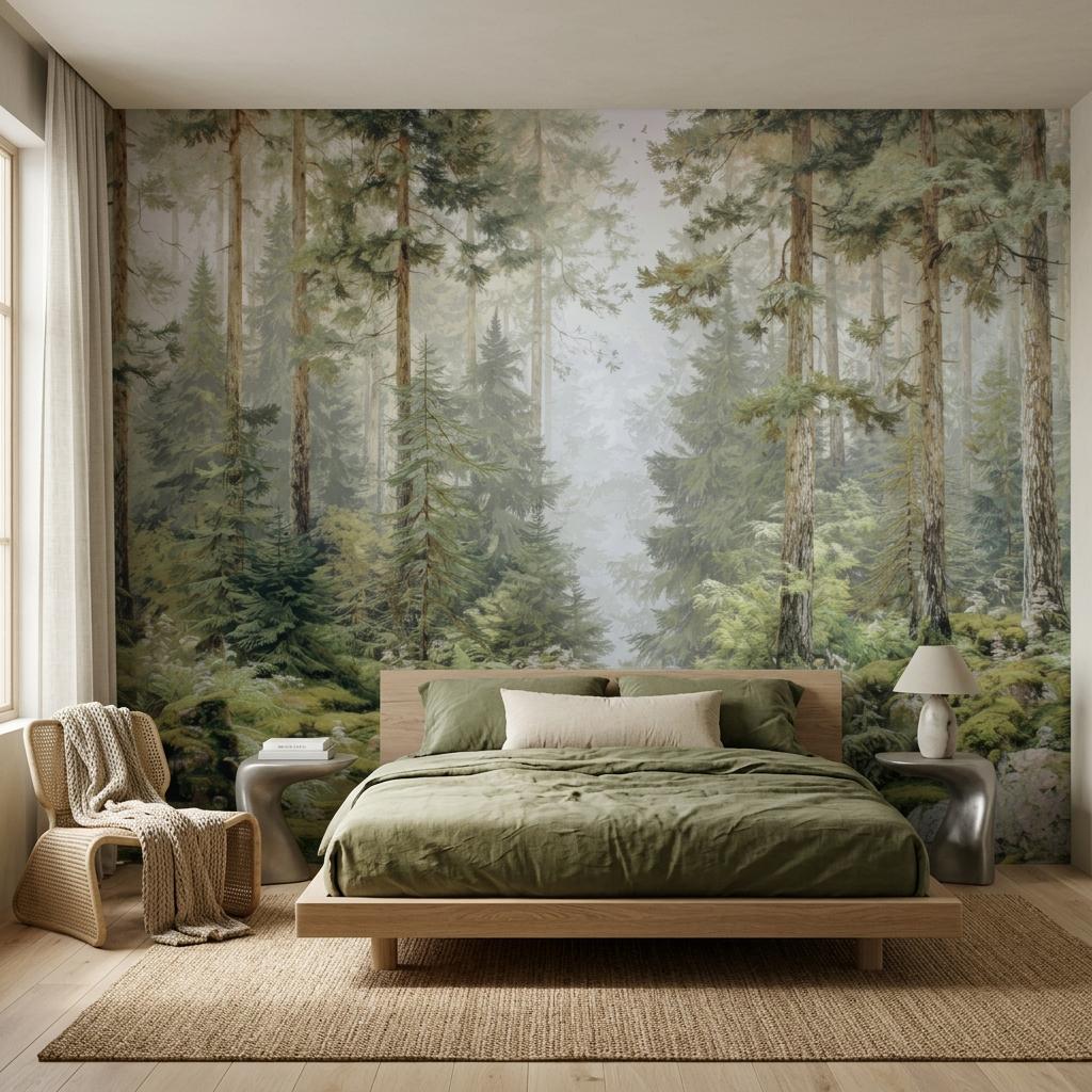 Misty Pine Forest Wallpaper, Scandi Woodland Mural-WP0257