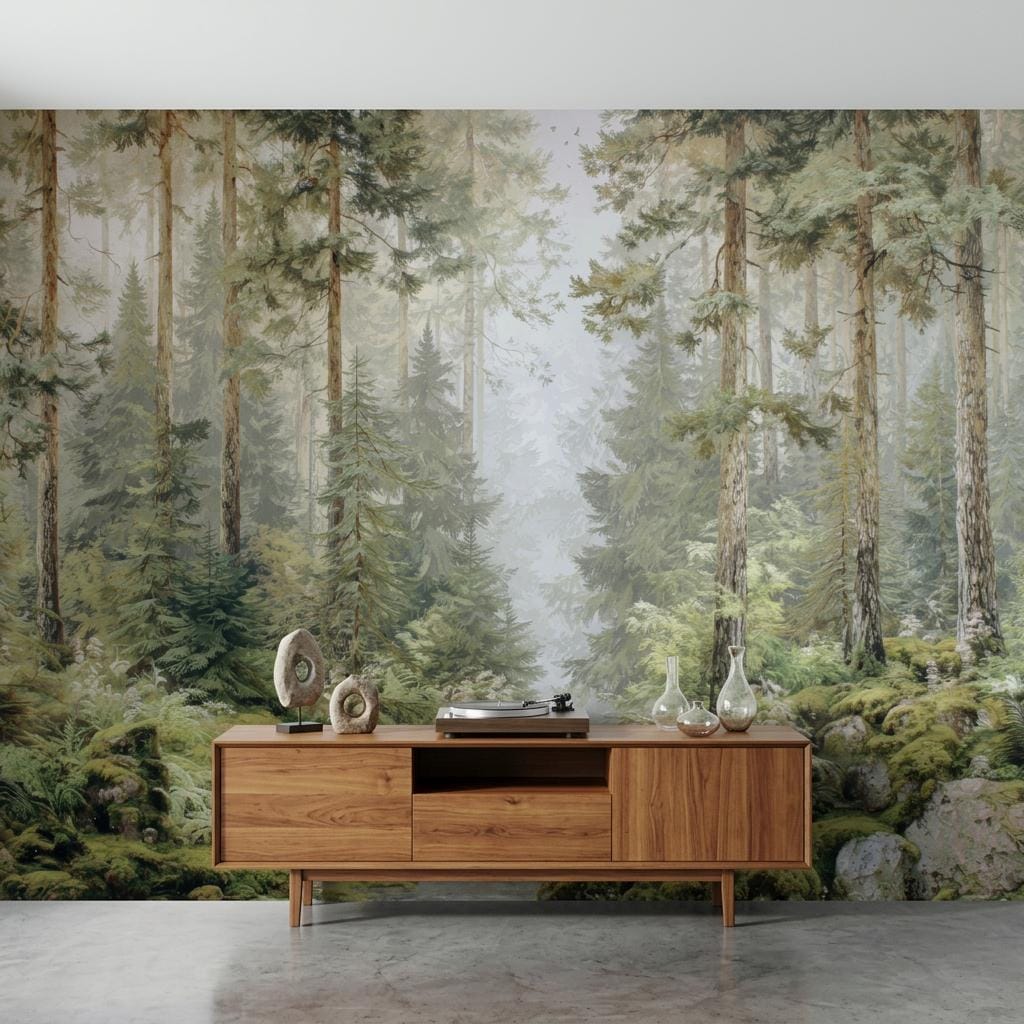 Misty Pine Forest Wallpaper, Scandi Woodland Mural-WP0257
