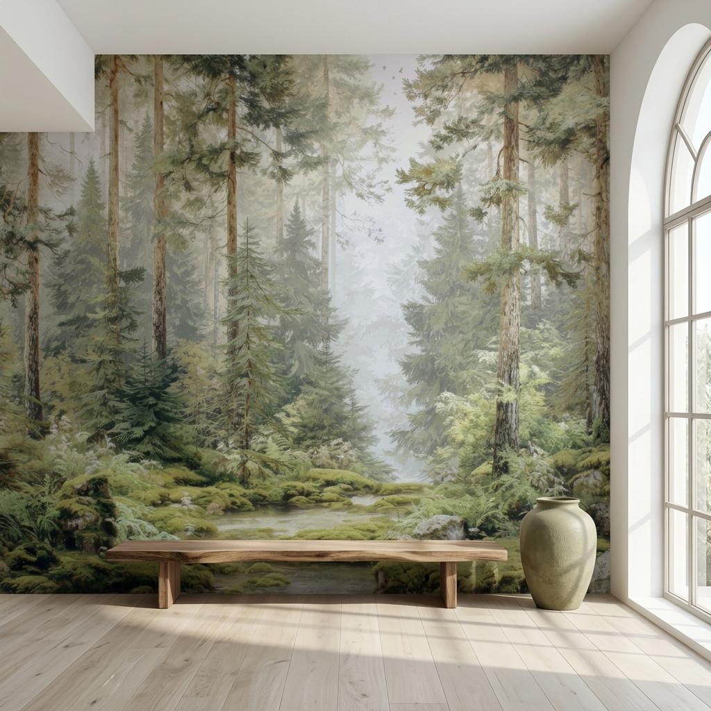 Misty Pine Forest Wallpaper, Scandi Woodland Mural-WP0257