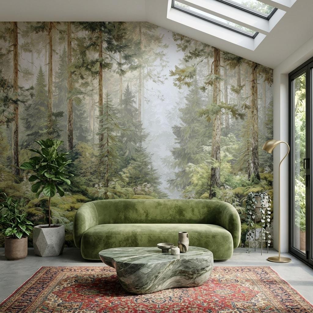 Misty Pine Forest Wallpaper, Scandi Woodland Mural-WP0257
