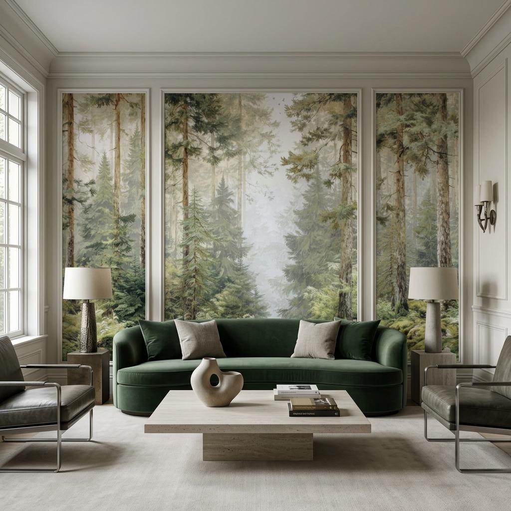 Misty Pine Forest Wallpaper, Scandi Woodland Mural-WP0257