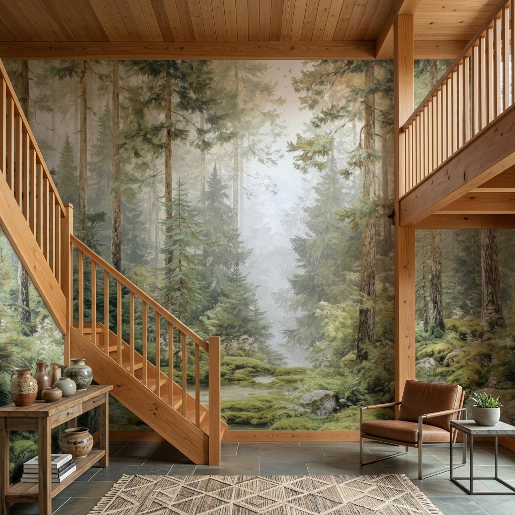 Misty Pine Forest Wallpaper, Scandi Woodland Mural-WP0257