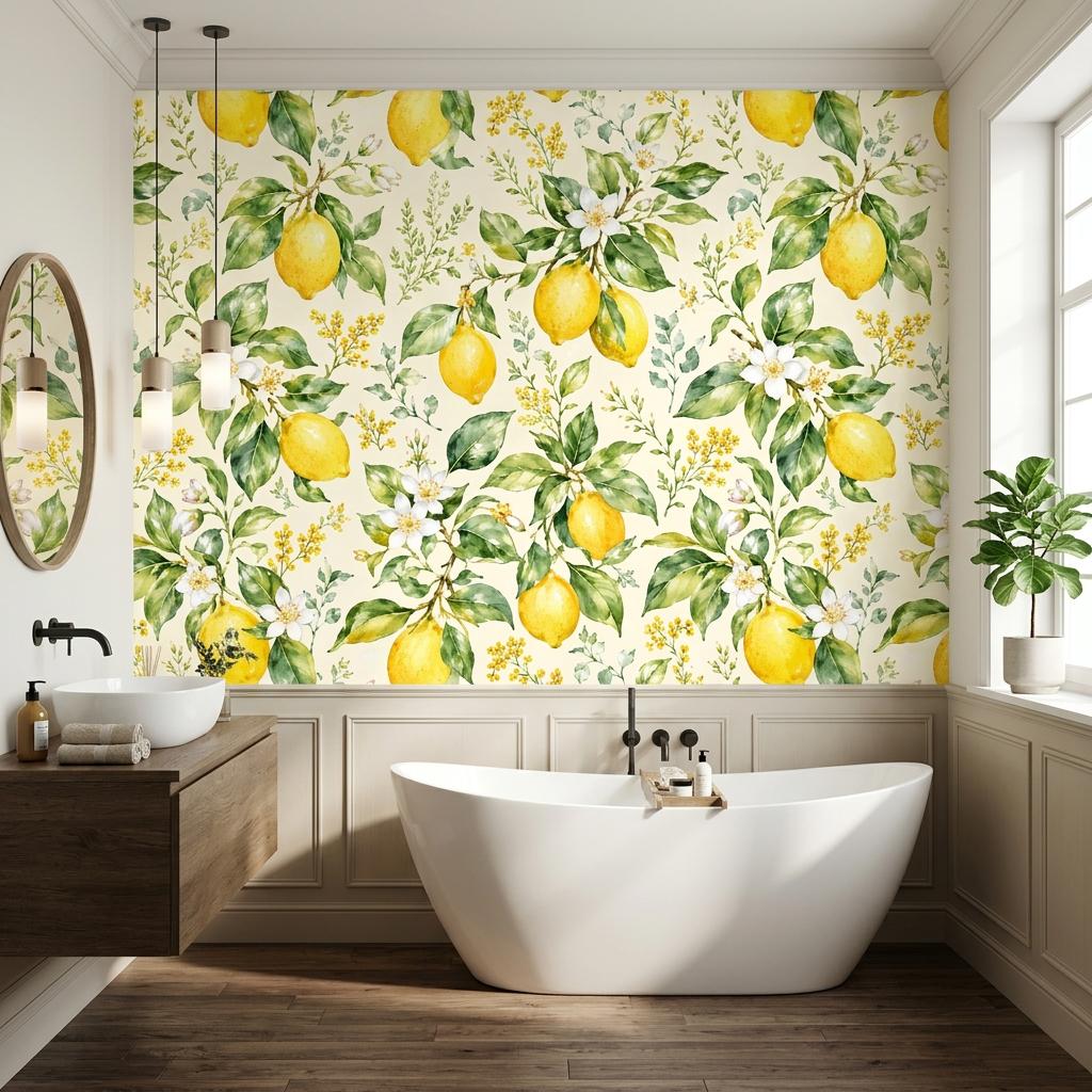 Lemon Wallpaper, Watercolor Citrus Mural-WP0259
