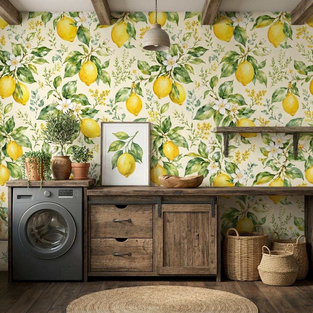 Lemon Wallpaper, Watercolor Citrus Mural-WP0259
