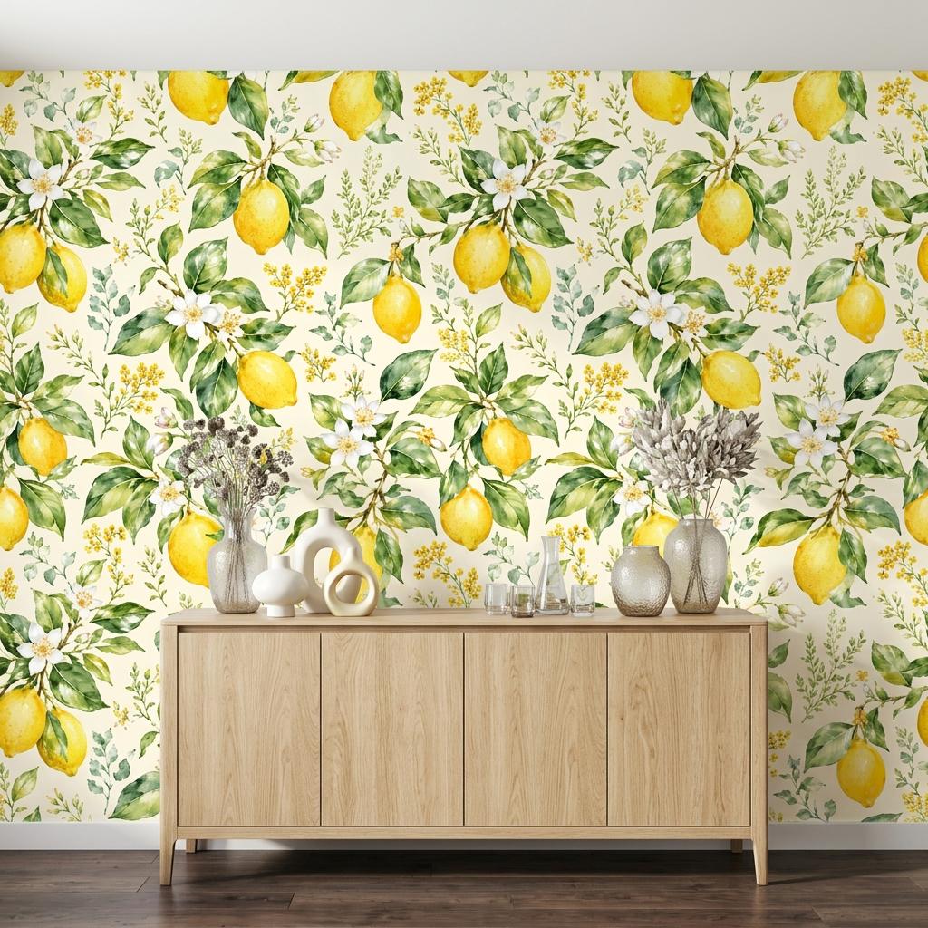 Lemon Wallpaper, Watercolor Citrus Mural-WP0259