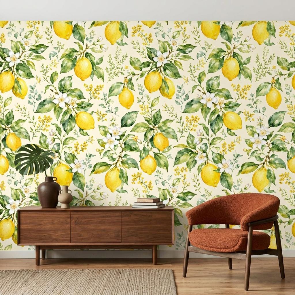 Lemon Wallpaper, Watercolor Citrus Mural-WP0259