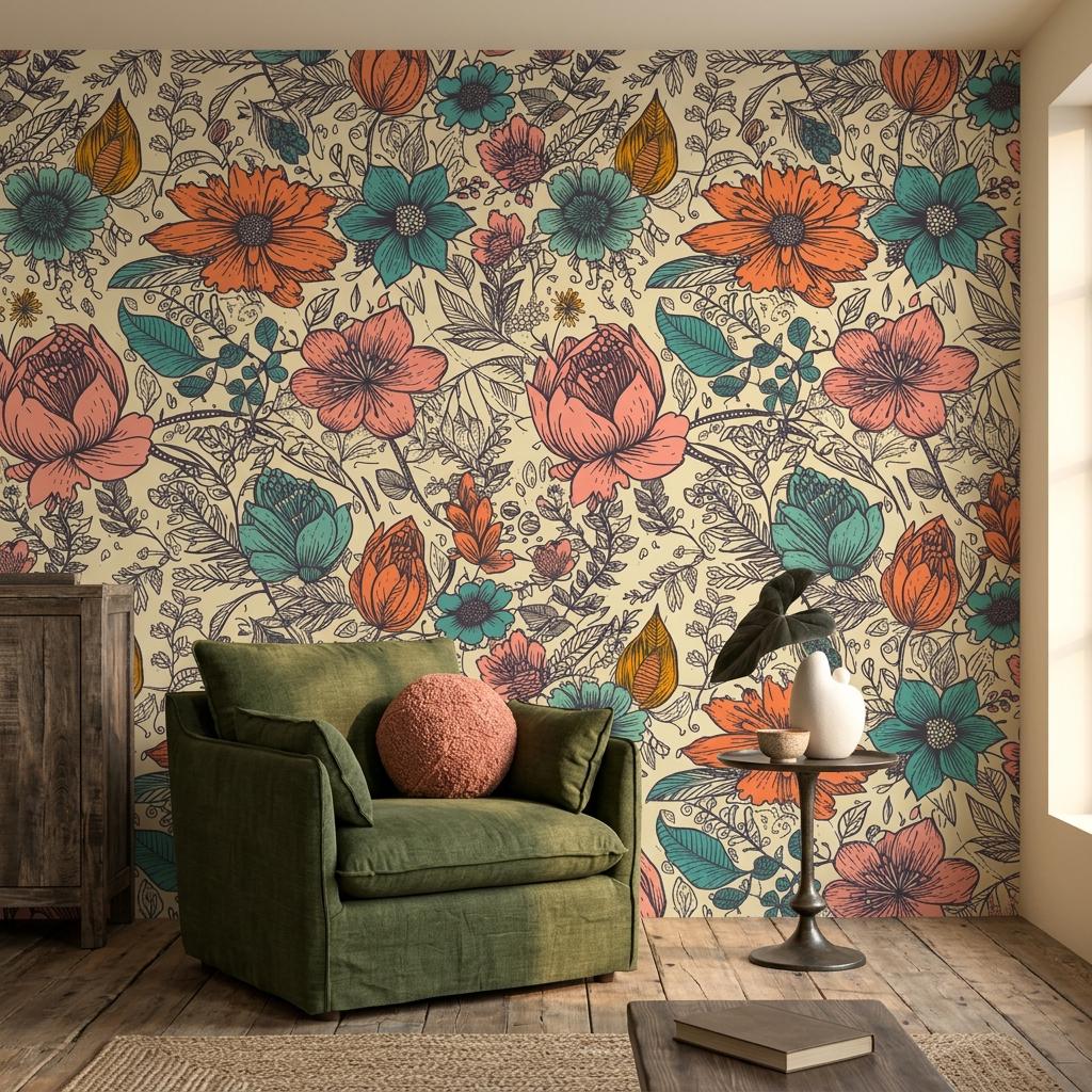Vintage 70s Groovy Floral Wallpaper Mural-WP0275