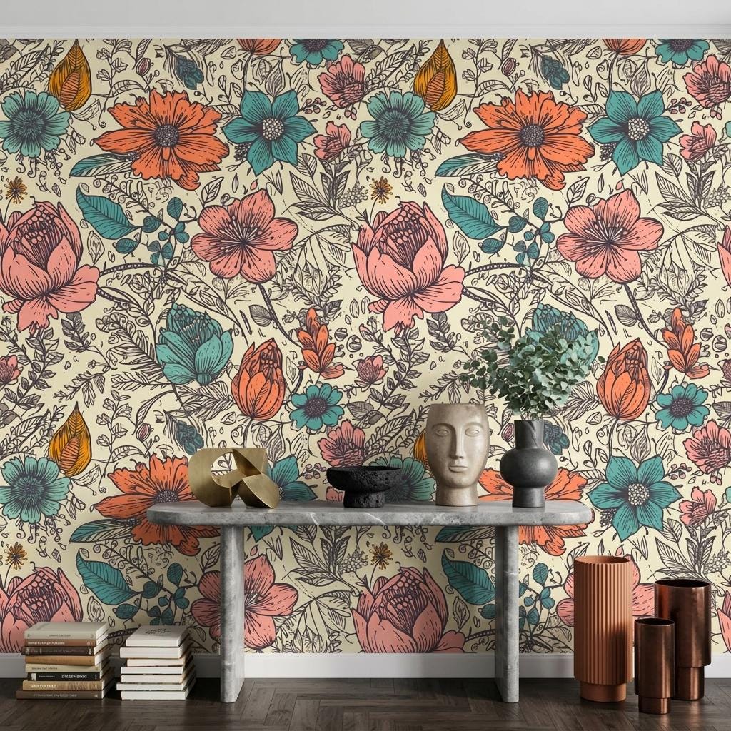 Vintage 70s Groovy Floral Wallpaper Mural-WP0275