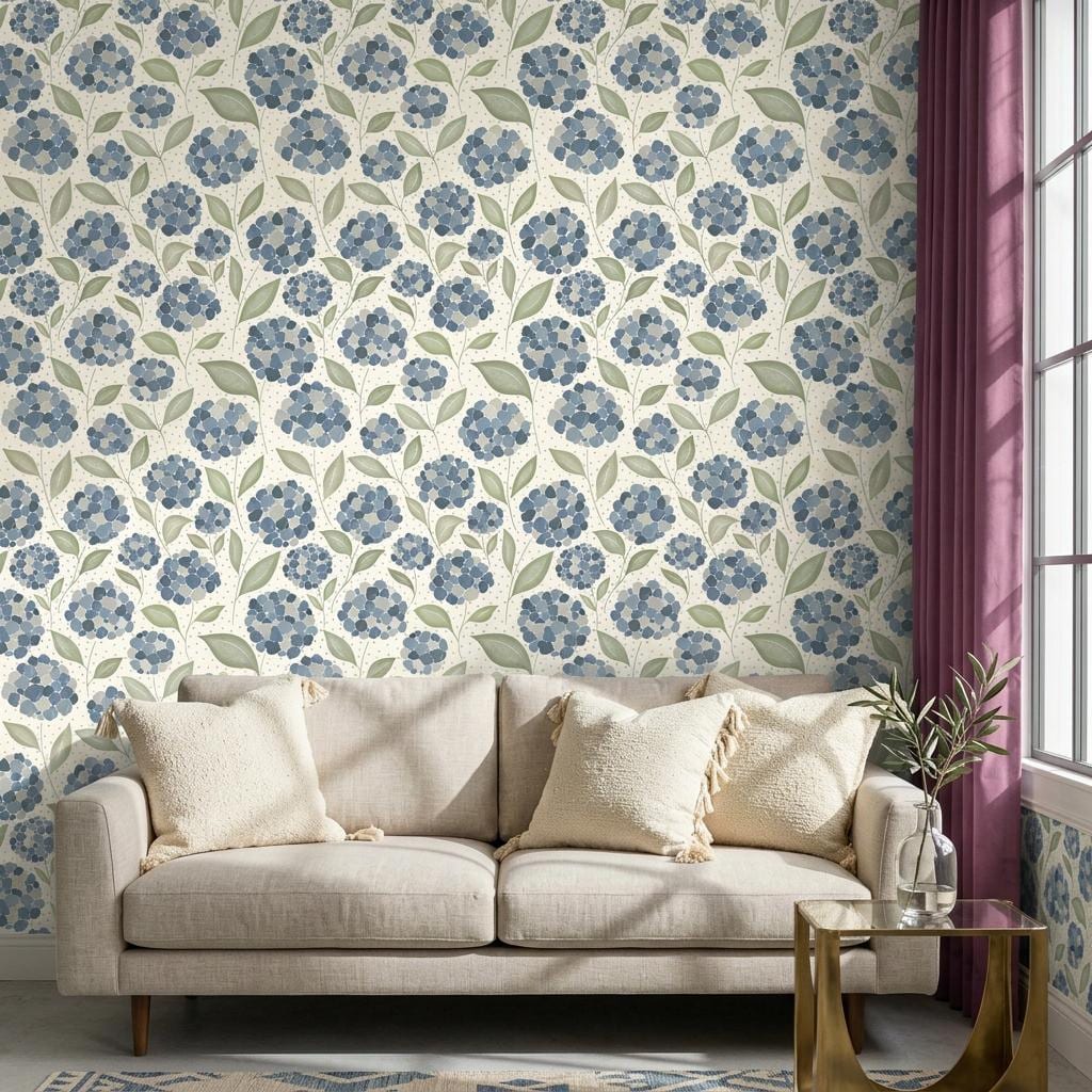 Blue Floral Hydrangea Wallpaper, Watercolor Mural-WP0276