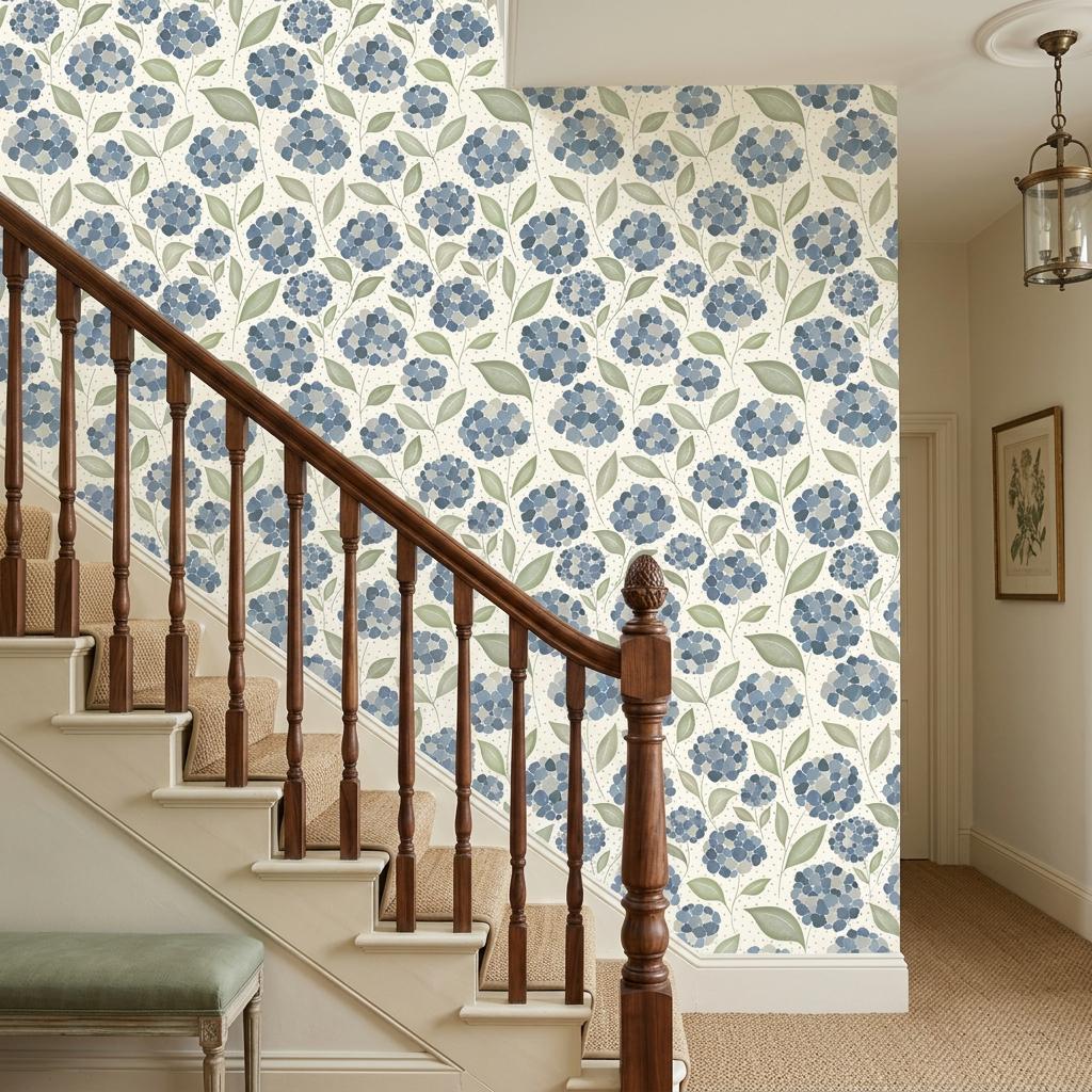 Blue Floral Hydrangea Wallpaper, Watercolor Mural-WP0276