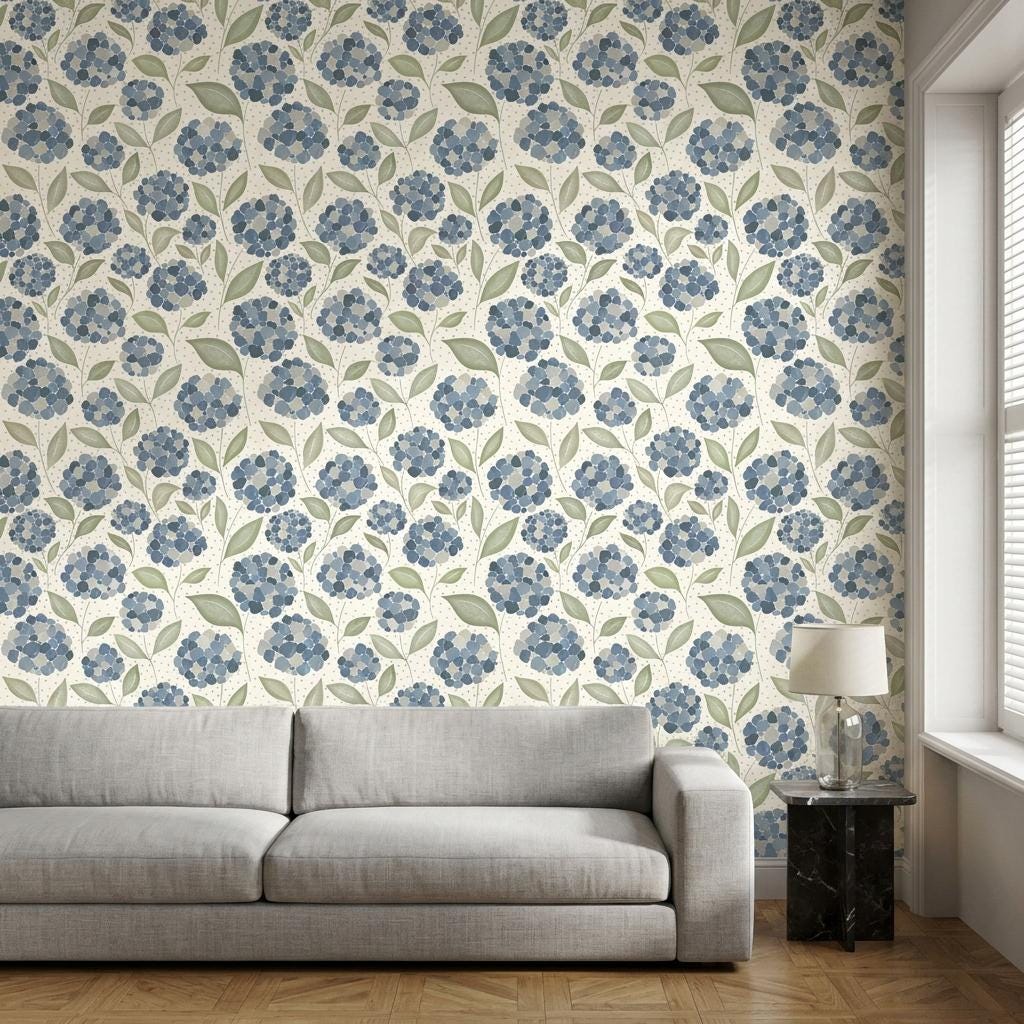 Blue Floral Hydrangea Wallpaper, Watercolor Mural-WP0276