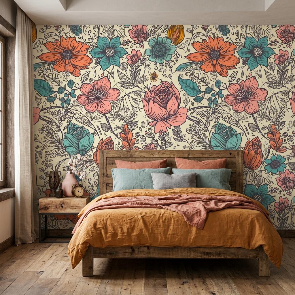 Vintage 70s Groovy Floral Wallpaper Mural-WP0275