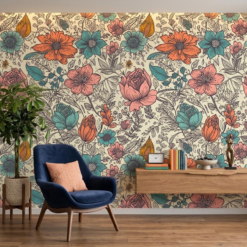 Vintage 70s Groovy Floral Wallpaper Mural-WP0275