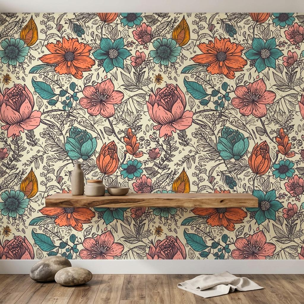 Vintage 70s Groovy Floral Wallpaper Mural-WP0275
