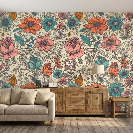 Vintage 70s Groovy Floral Wallpaper Mural-WP0275