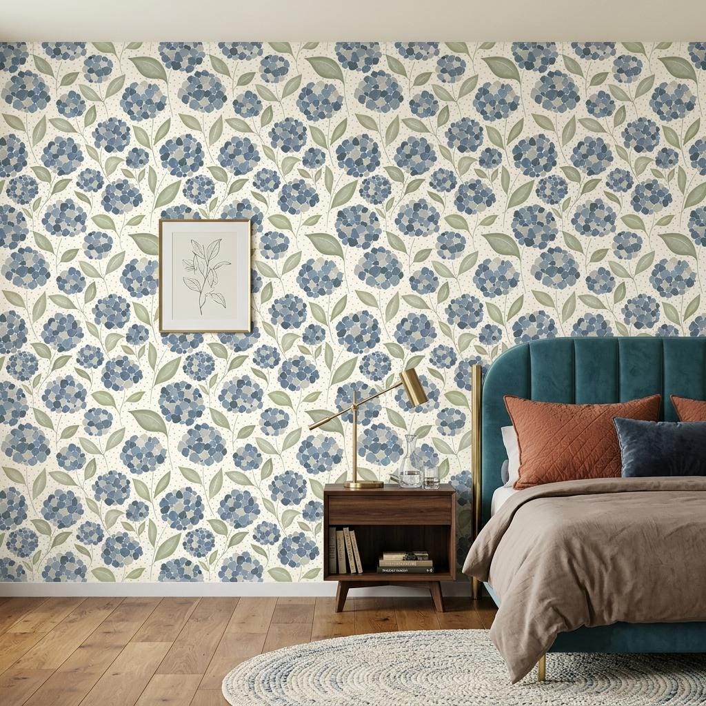 Blue Floral Hydrangea Wallpaper, Watercolor Mural-WP0276