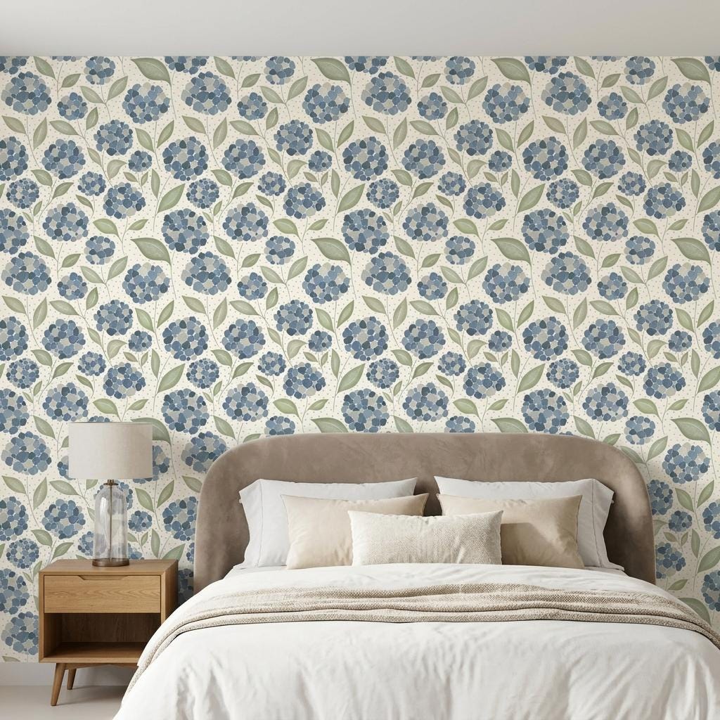 Blue Floral Hydrangea Wallpaper, Watercolor Mural-WP0276