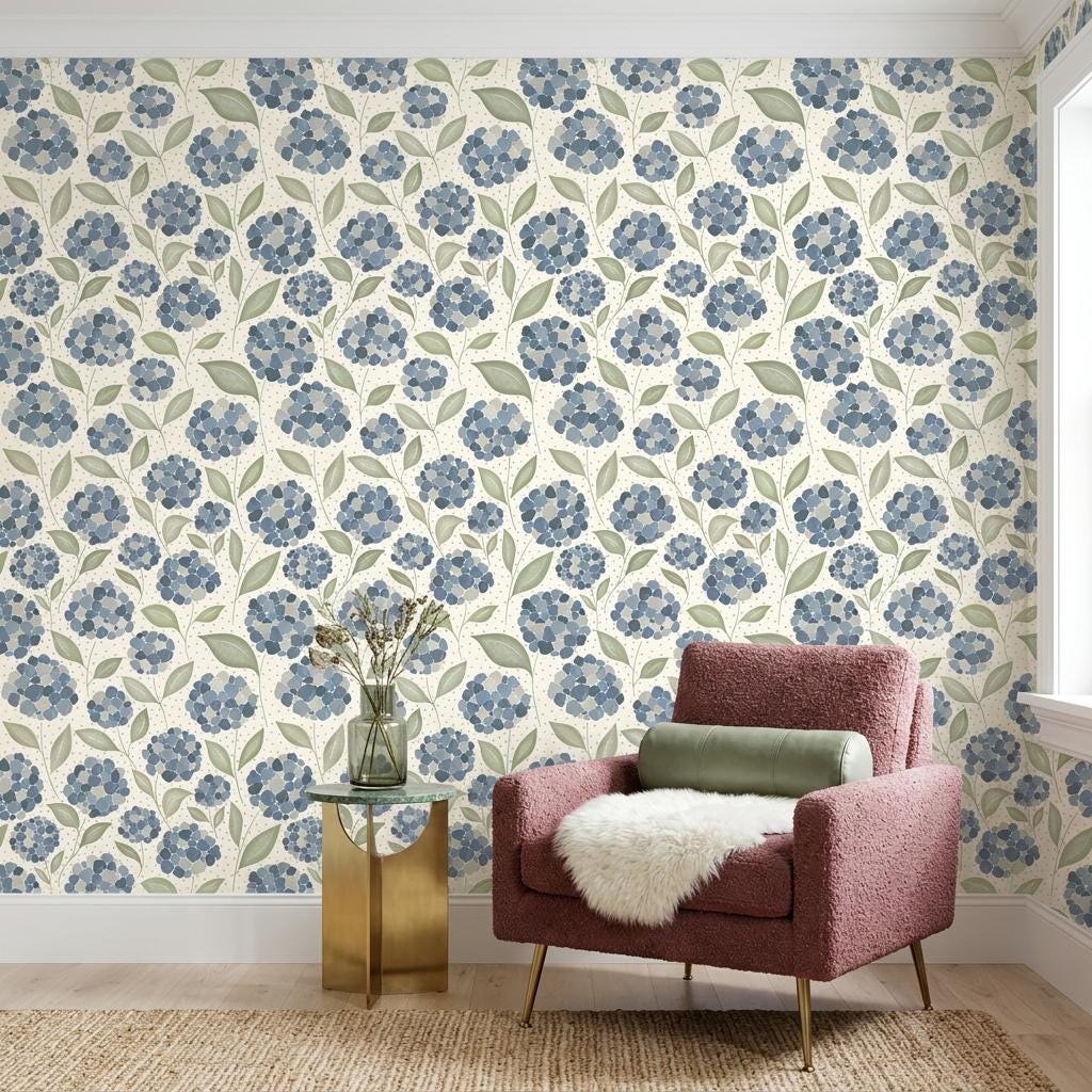 Blue Floral Hydrangea Wallpaper, Watercolor Mural-WP0276