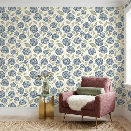 Blue Floral Hydrangea Wallpaper, Watercolor Mural-WP0276
